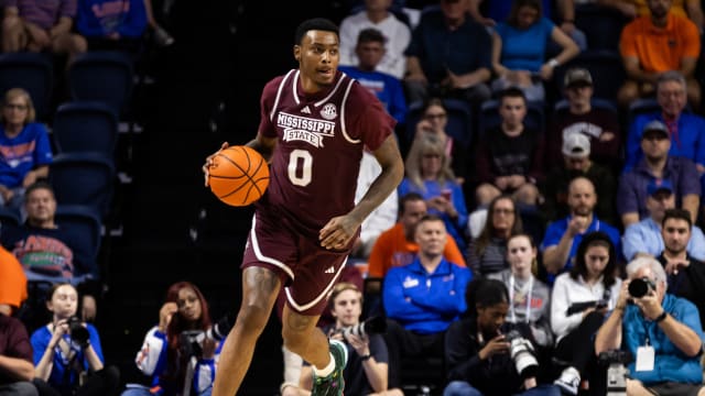 Mississippi State Bulldogs forward D.J. Jeffries (0) dribbles the ball against the Florida Gators during the first half at Exactech Arena at the Stephen C. O'Connell Center